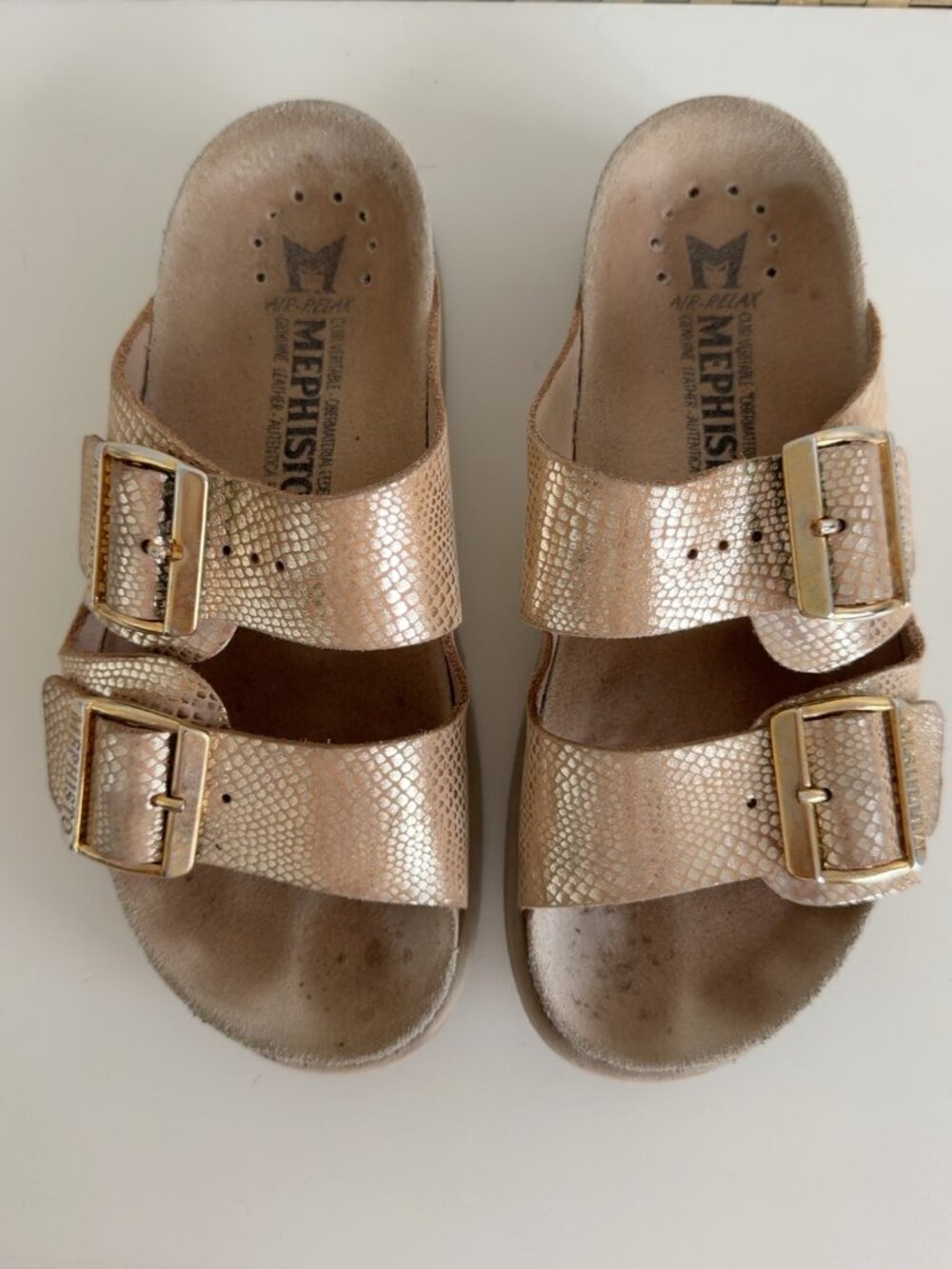 Mephisto Air Relax Metallic Gold Leather Slide Sandals Size 35